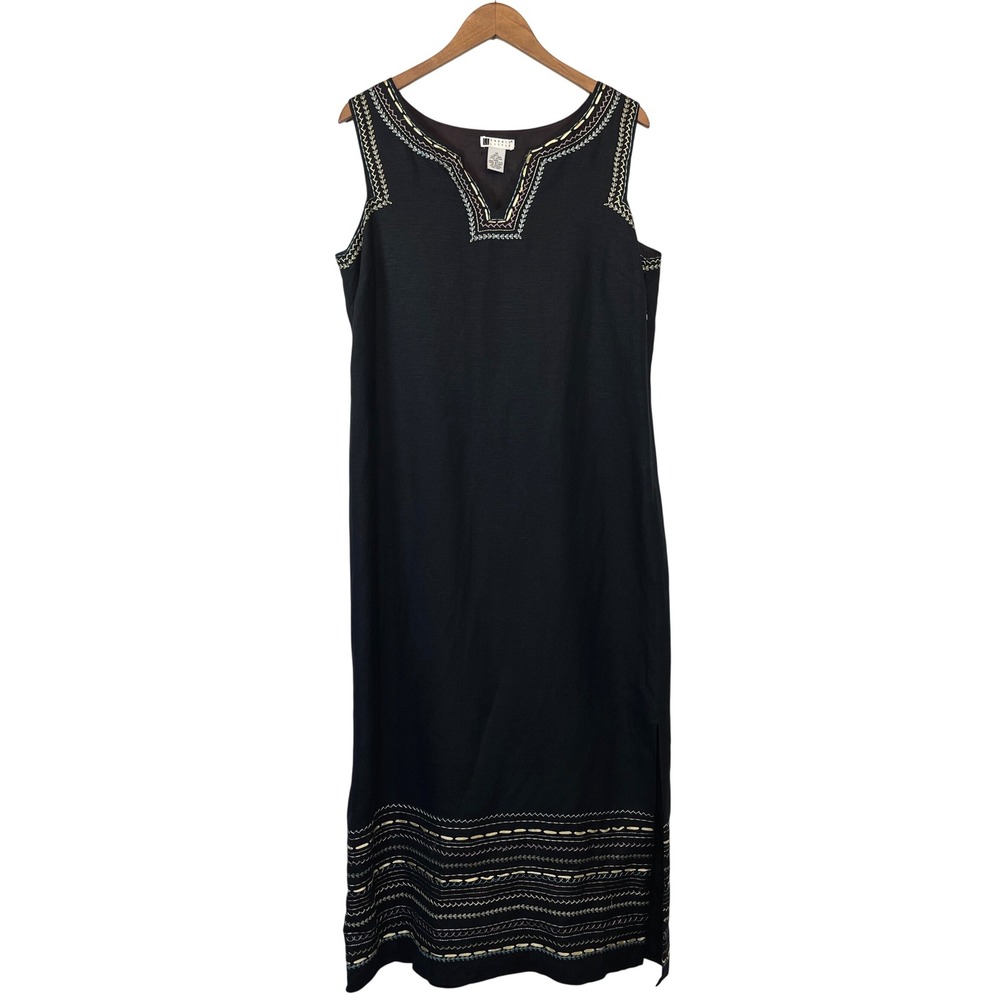 Vintage Carole Little Embroidered Linen Blend Maxi Dress 14 Black Boho Artsy